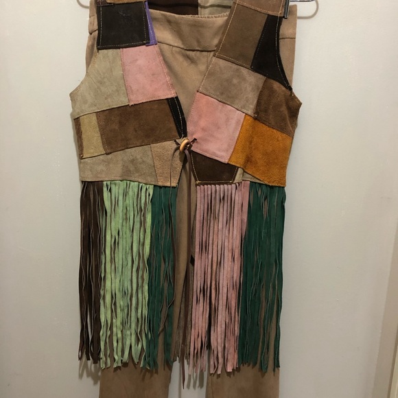 Vintage real suede patchwork and fringe vest and suede cloth pants - Picture 2 of 8